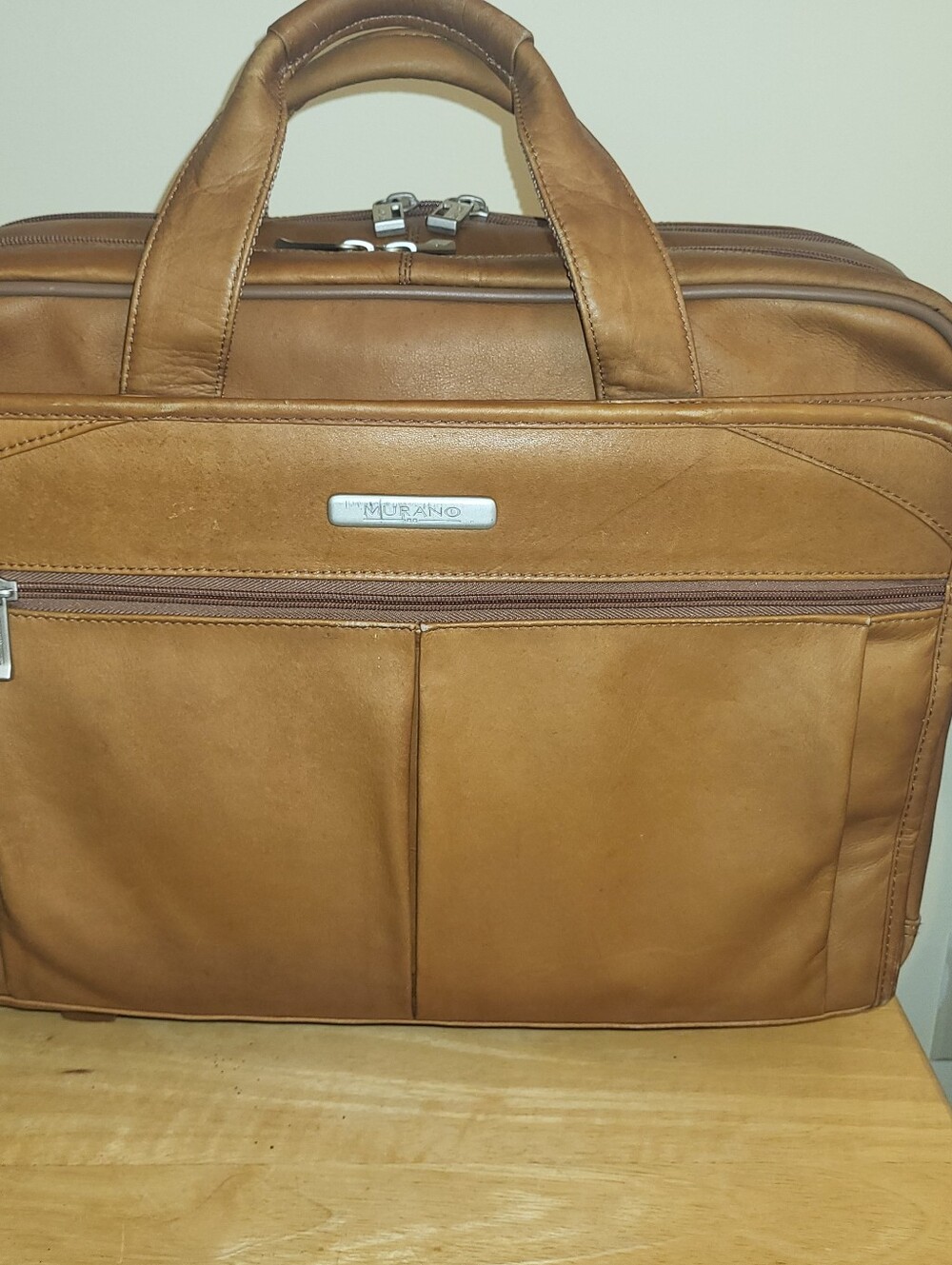 Murano Tan Leather Laptop Briefcase with Front Pockets. Wheeled.